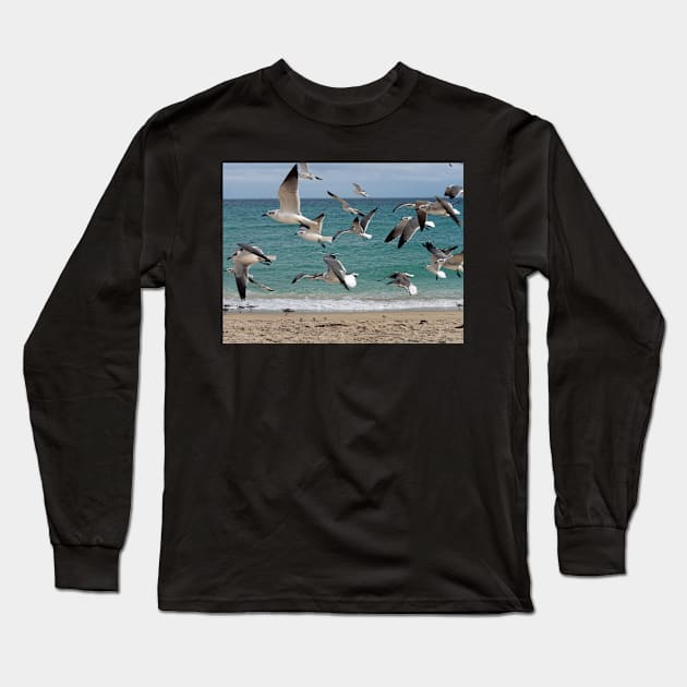 Birds in Flight Over Beach Long Sleeve T-Shirt by jillnightingale